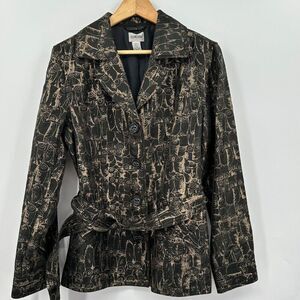 Chico's Black & Gold Owl Print Belted Trench Jacket Coat Women's Size 1 Medium